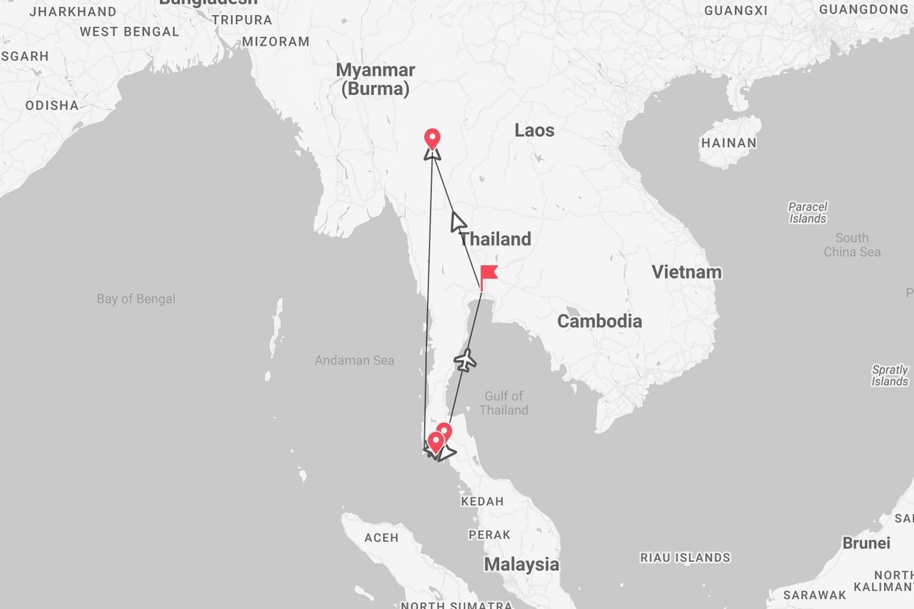 A map of Southeast Asia showing a tour itinerary through Thailand, starting in the south and traveling north towards Myanmar.