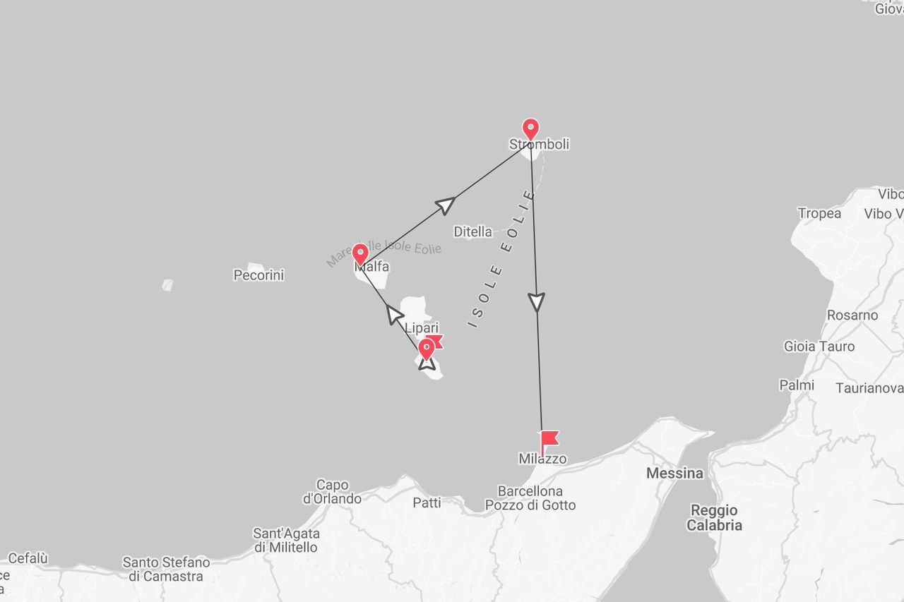 A map showing a sailing route from Milazzo to the Aeolian Islands, with stops at Stromboli, Malfa, and Lipari.