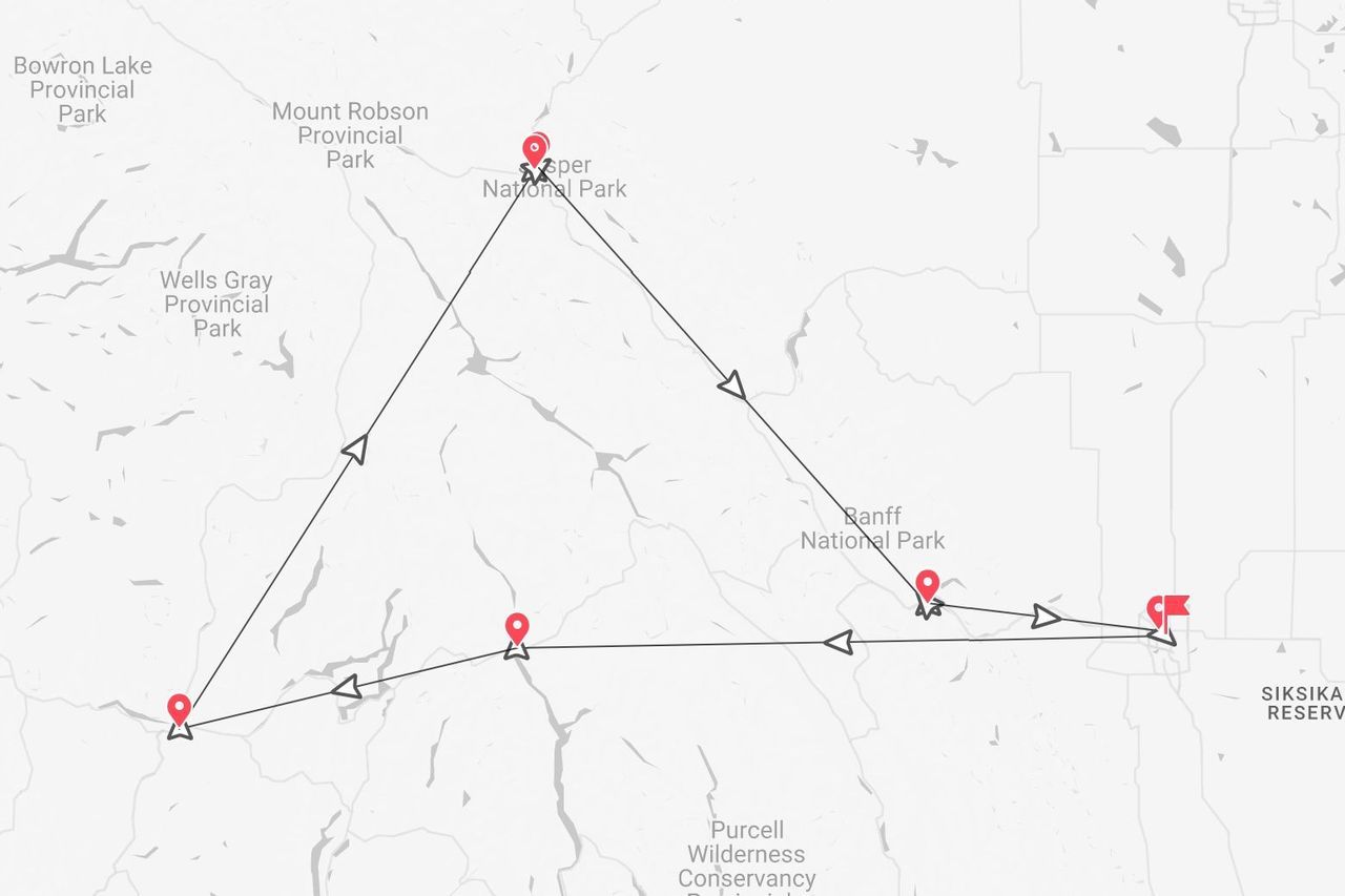 Eine digitale Karte zeigt eine Reiseroute mit Wegpunkten durch die Nationalparks Jasper und Banff in Kanada.