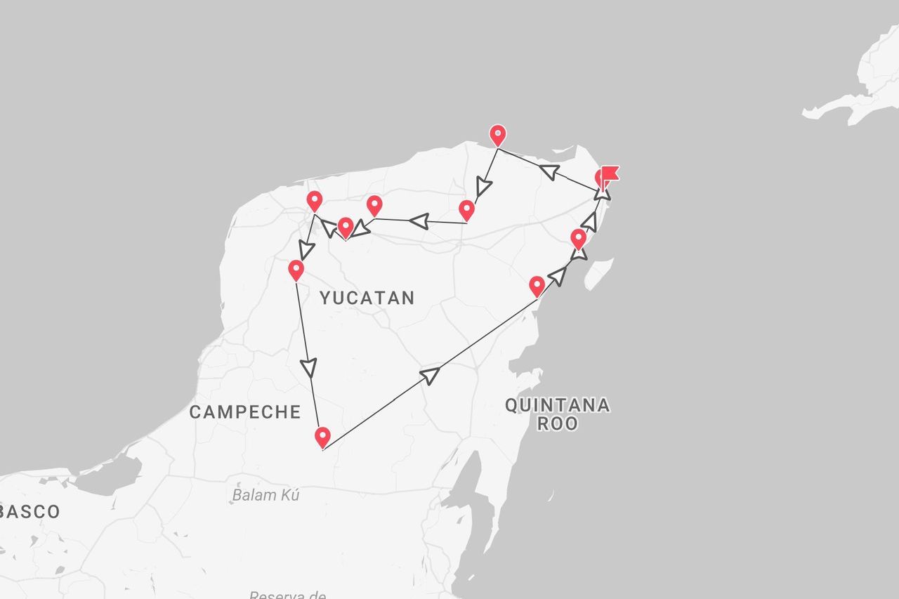 Carte d'un itinéraire de voyage à travers les États mexicains du Yucatán, Campeche et Quintana Roo.