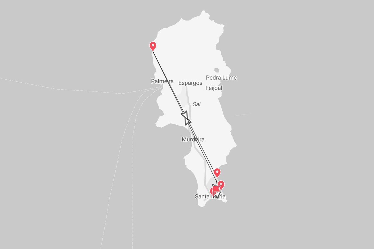 Mappa dell'isola di Sal, con dettaglio di un itinerario di viaggio da Palmeira a nord fino a Santa Maria a sud.