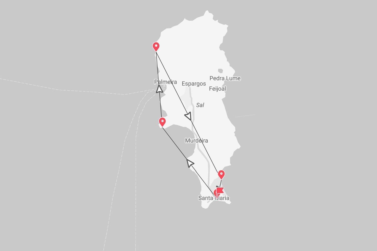 Un mapa que muestra un itinerario de viaje en la isla de Sal, con puntos en Santa María, Murdeira, Palmeira y Espargos.