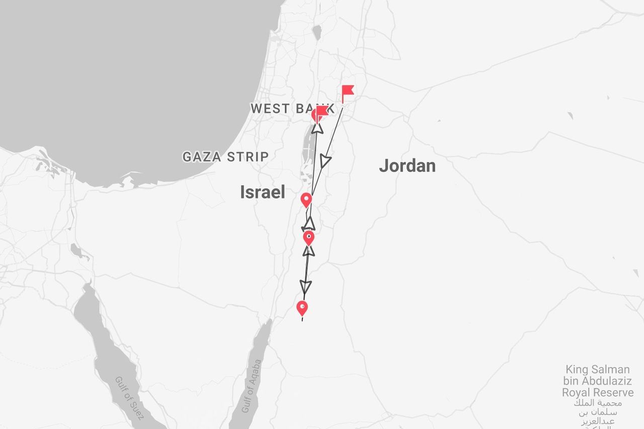 Mappa di un itinerario di viaggio tra Israele e Giordania, passando per la Cisgiordania, con il percorso segnalato da una linea e frecce.