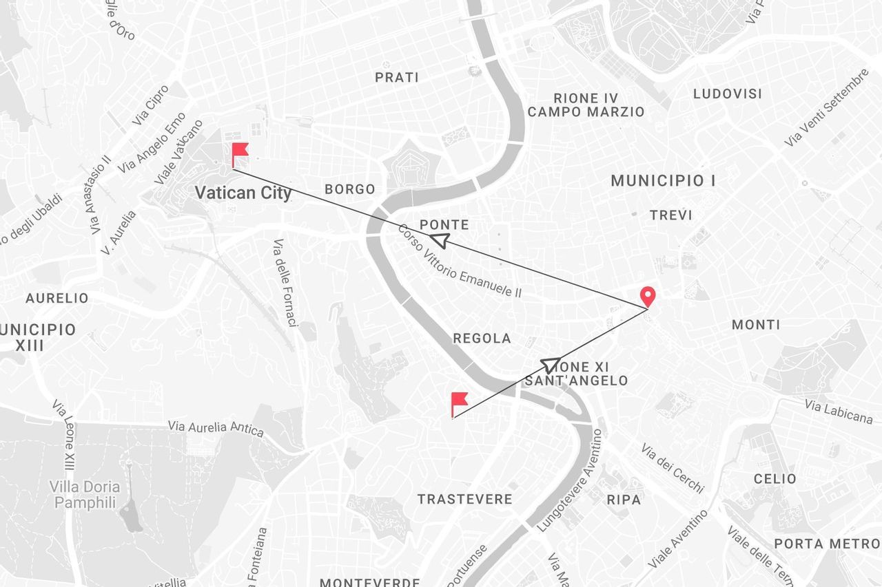 Mappa grigio chiaro di Roma con itinerario tra Città del Vaticano, Trastevere e Monti.