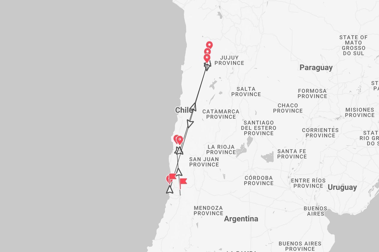 Una mappa che mostra un itinerario di viaggio attraverso l'Argentina occidentale, con un percorso che attraversa le province di Jujuy, Catamarca e San Juan.