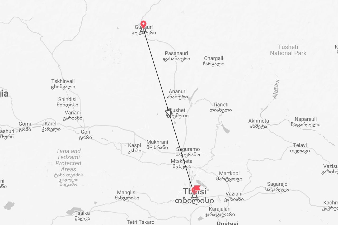 Mappa della Georgia con itinerario di viaggio da Tbilisi a Gudauri, via Dusheti.