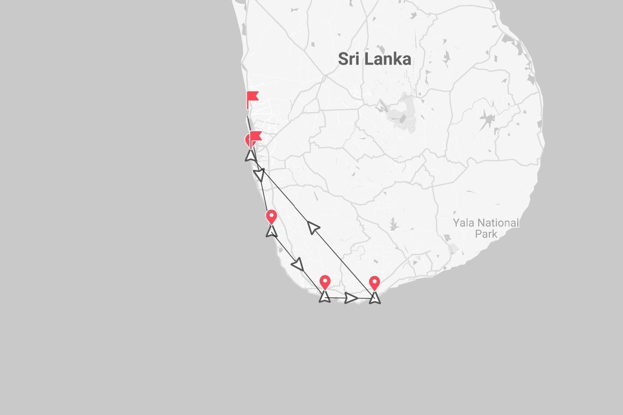 Una mappa dello Sri Lanka che mostra un itinerario di viaggio lungo le coste occidentali e meridionali, con una sosta vicino al Parco Nazionale di Yala.