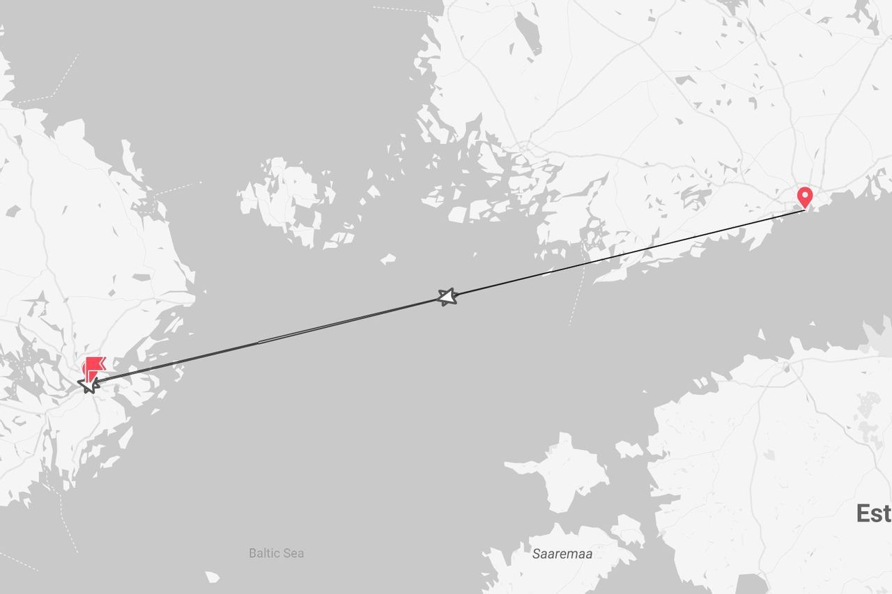 Mappa di un itinerario di viaggio sul Mar Baltico, che collega due masse terrestri, con l'isola di Saaremaa e l'Estonia indicate.