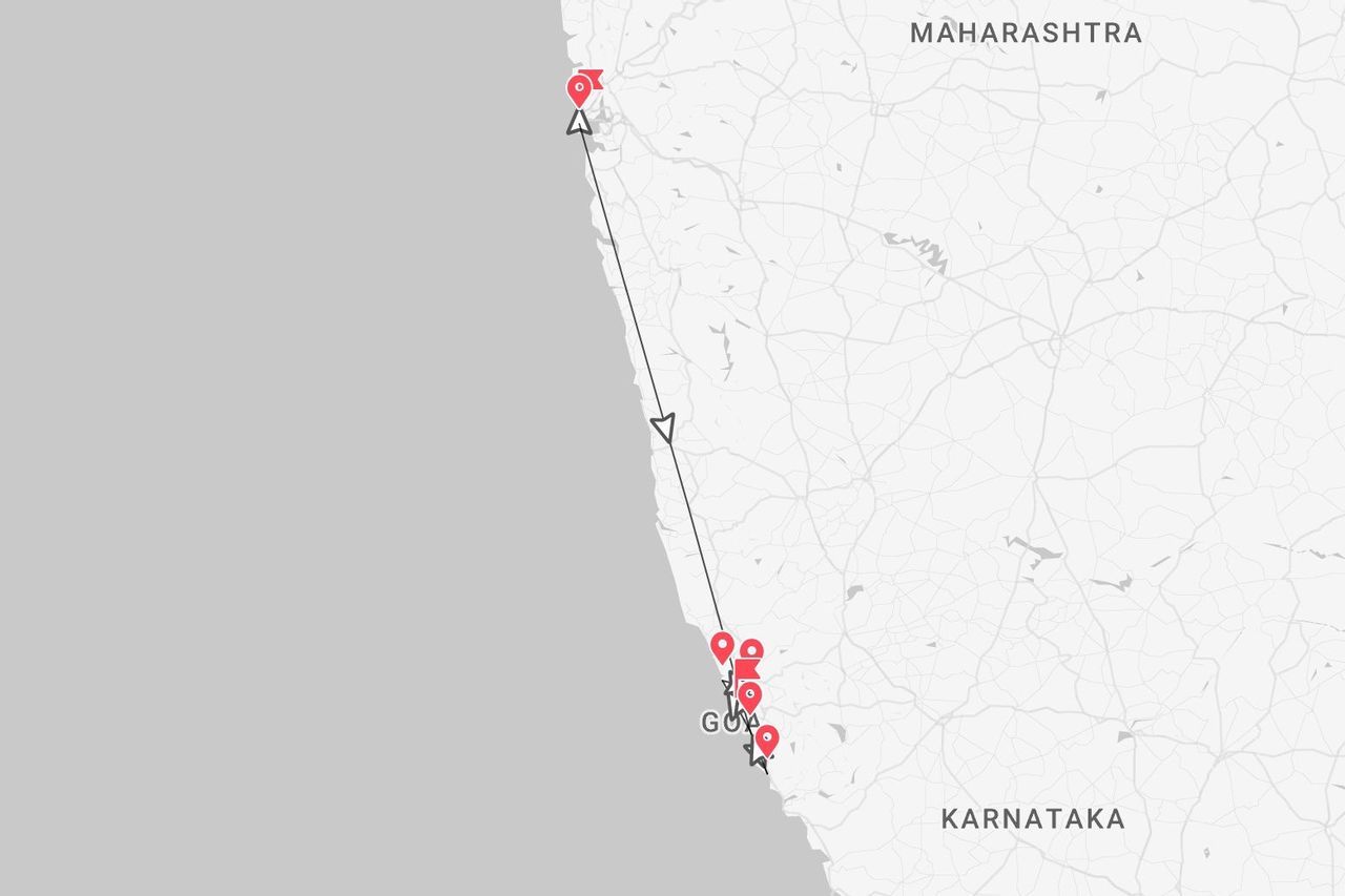 Una mappa che mostra un itinerario di viaggio lungo la costa indiana dal Maharashtra a Goa, con diverse tappe indicate.