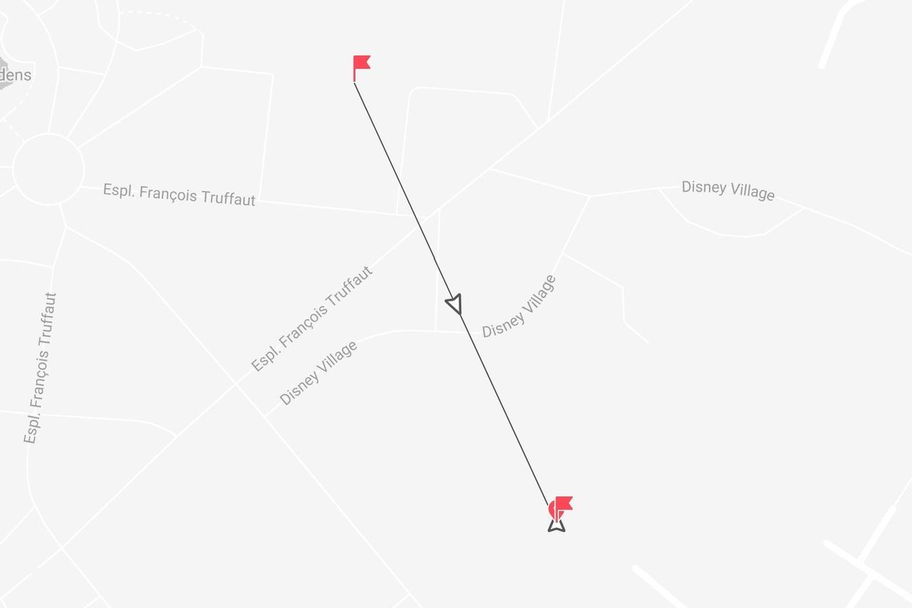 Mappa semplificata di un percorso tra due punti, passando per l'area Disney Village ed Espl. François Truffaut.