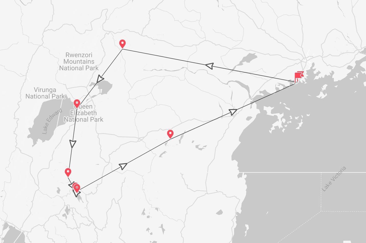 Mappa di un itinerario turistico attraverso i Parchi Nazionali Queen Elizabeth, Monti Rwenzori e Virunga, e i Laghi Edoardo e Vittoria.