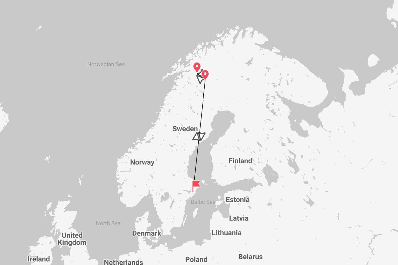 A map of Northern Europe showing a travel itinerary through Sweden, starting from the Baltic Sea and ending in the northern Scandinavian peninsula.