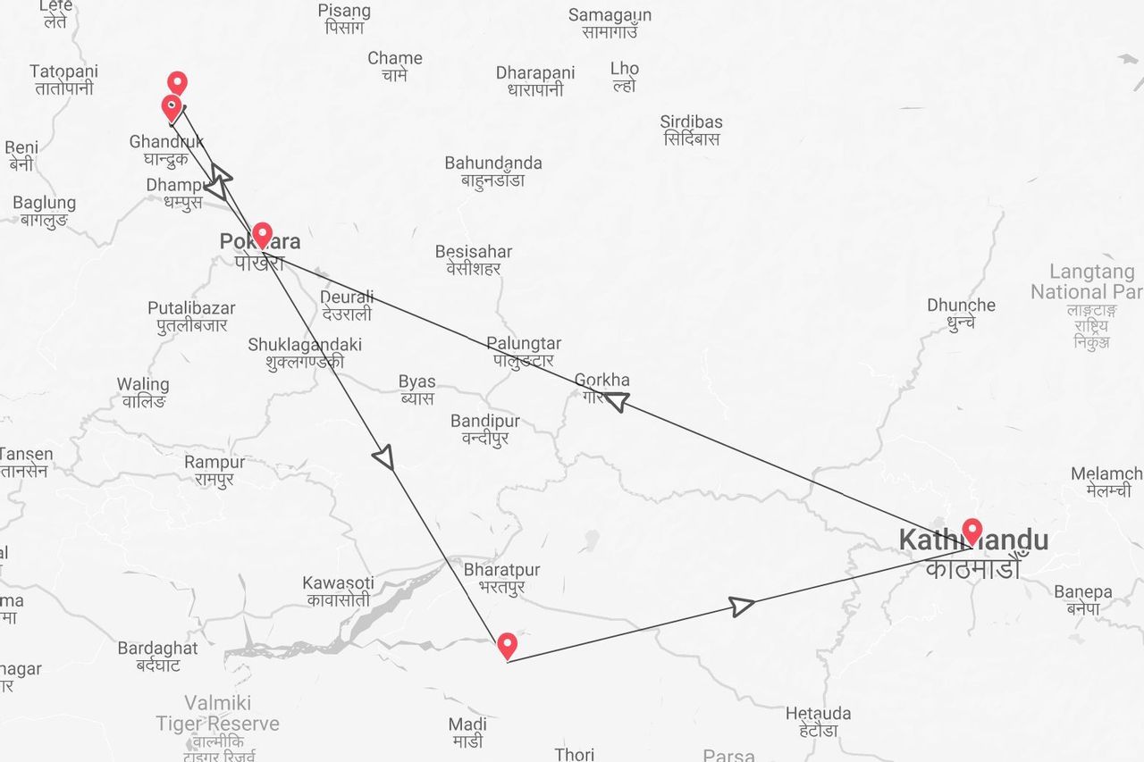A map showing a travel itinerary in Nepal, with a route connecting Kathmandu, Pokhara, and Ghandruk.