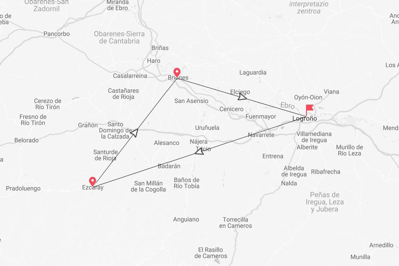 Un mapa que muestra un itinerario de viaje por España, con una ruta que conecta las localidades de Logroño, Briones y Ezcaray en La Rioja.