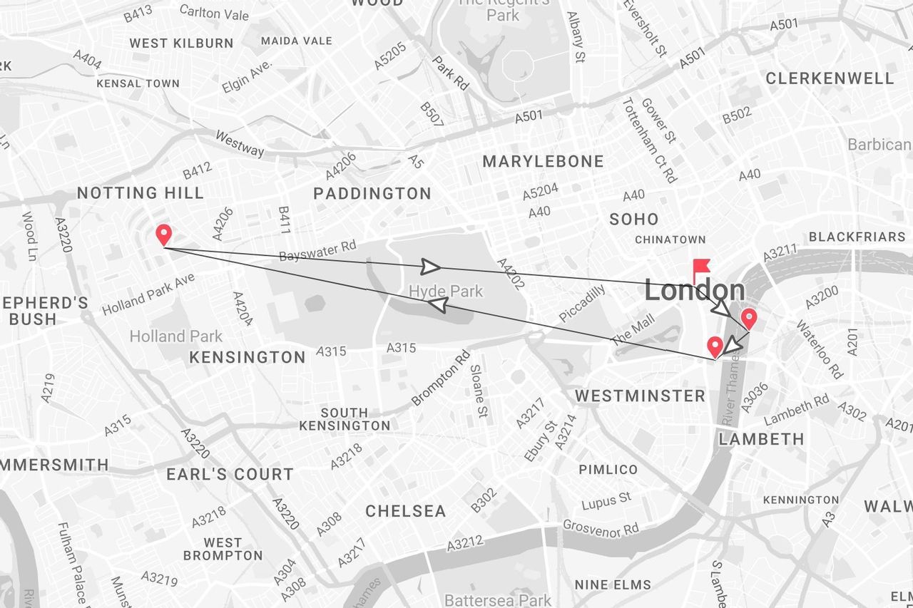 Un mapa del centro de Londres mostrando un itinerario de viaje desde Notting Hill, a través de Hyde Park, hasta la zona de Westminster.