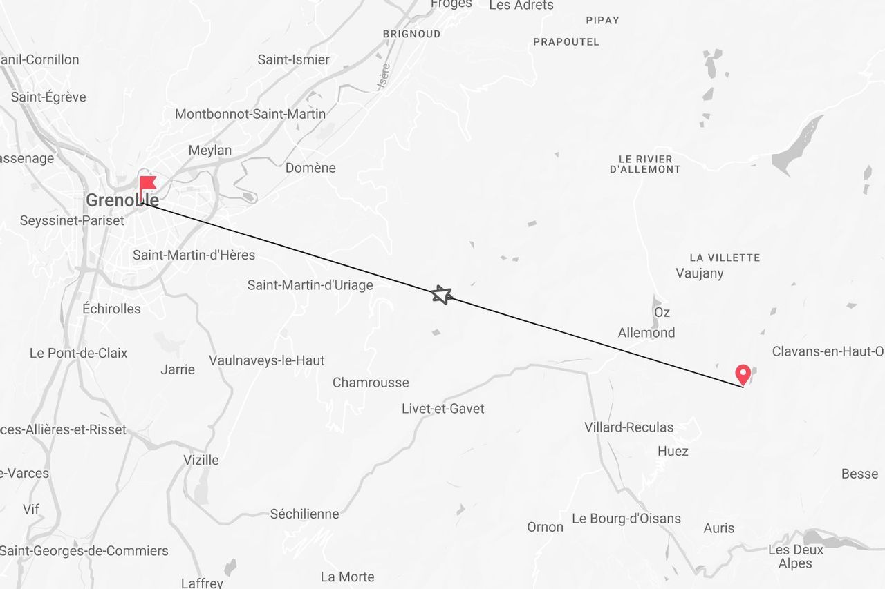 Mapa de la ruta de Grenoble a Clavans-en-Haut-Oisans.