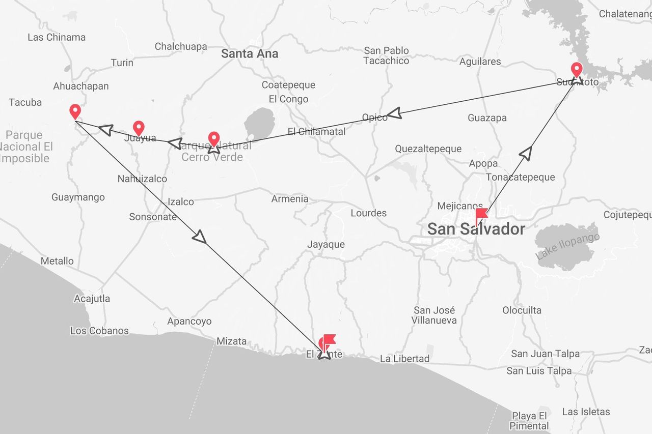 Eine Karte von El Salvador mit einer Reiseroute und Stopps in Tacuba, Juayua, Cerro Verde, El Zonte, San Salvador und Suchitoto.