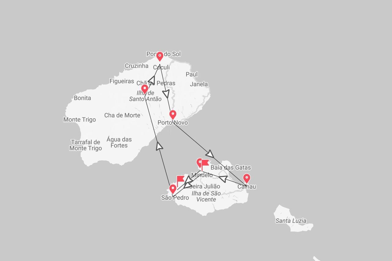 Eine Reiseroutenkarte, die eine Route über die Inseln Santo Antão und São Vicente mit verschiedenen markierten Orten zeigt.