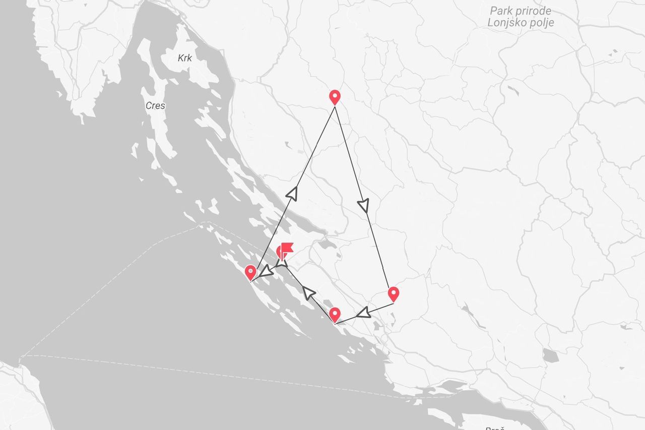 Eine Karte, die eine Reiseroute durch Kroatien zeigt, vorbei an den Inseln Krk und Cres.