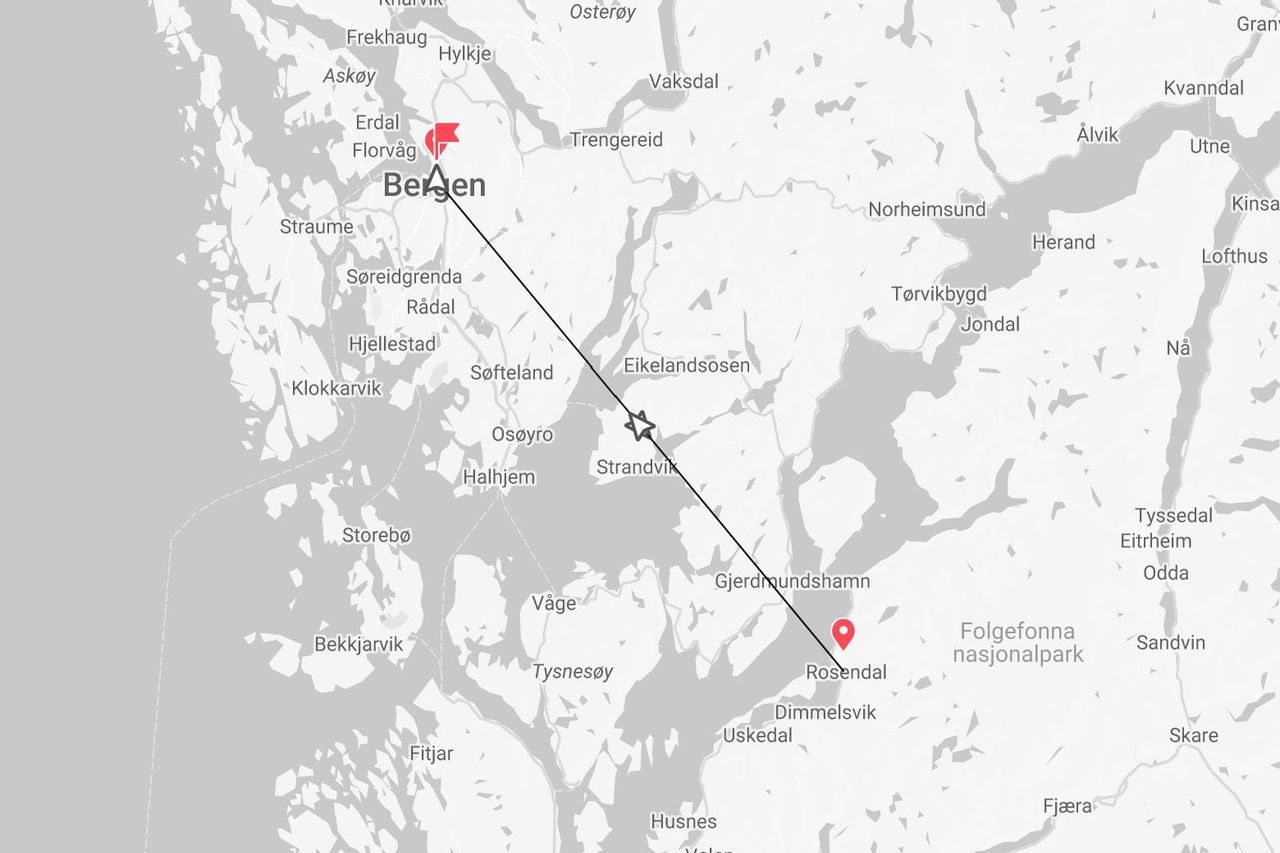 A grayscale map illustrating a travel route from Bergen to Rosendal in Norway, near Folgefonna National Park.
