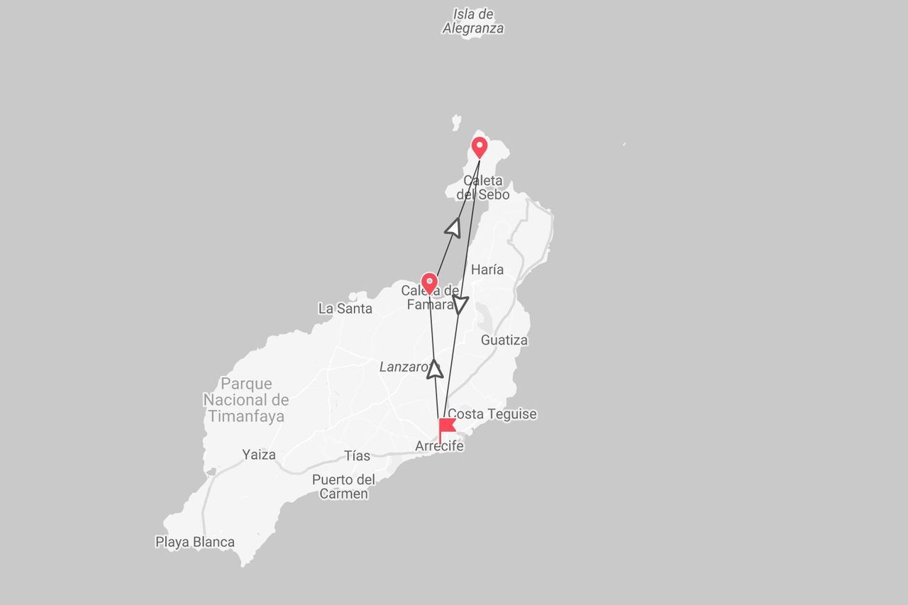 Mappa di un itinerario di viaggio a Lanzarote, con un percorso segnato tra Arrecife, Caleta de Famara e Caleta del Sebo.