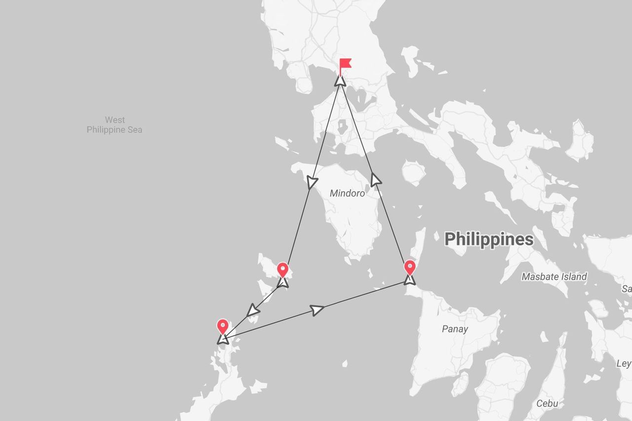 Una mappa che illustra un itinerario di viaggio nelle Filippine, con segnaposto che indicano le tappe sulle isole di Mindoro e Panay.