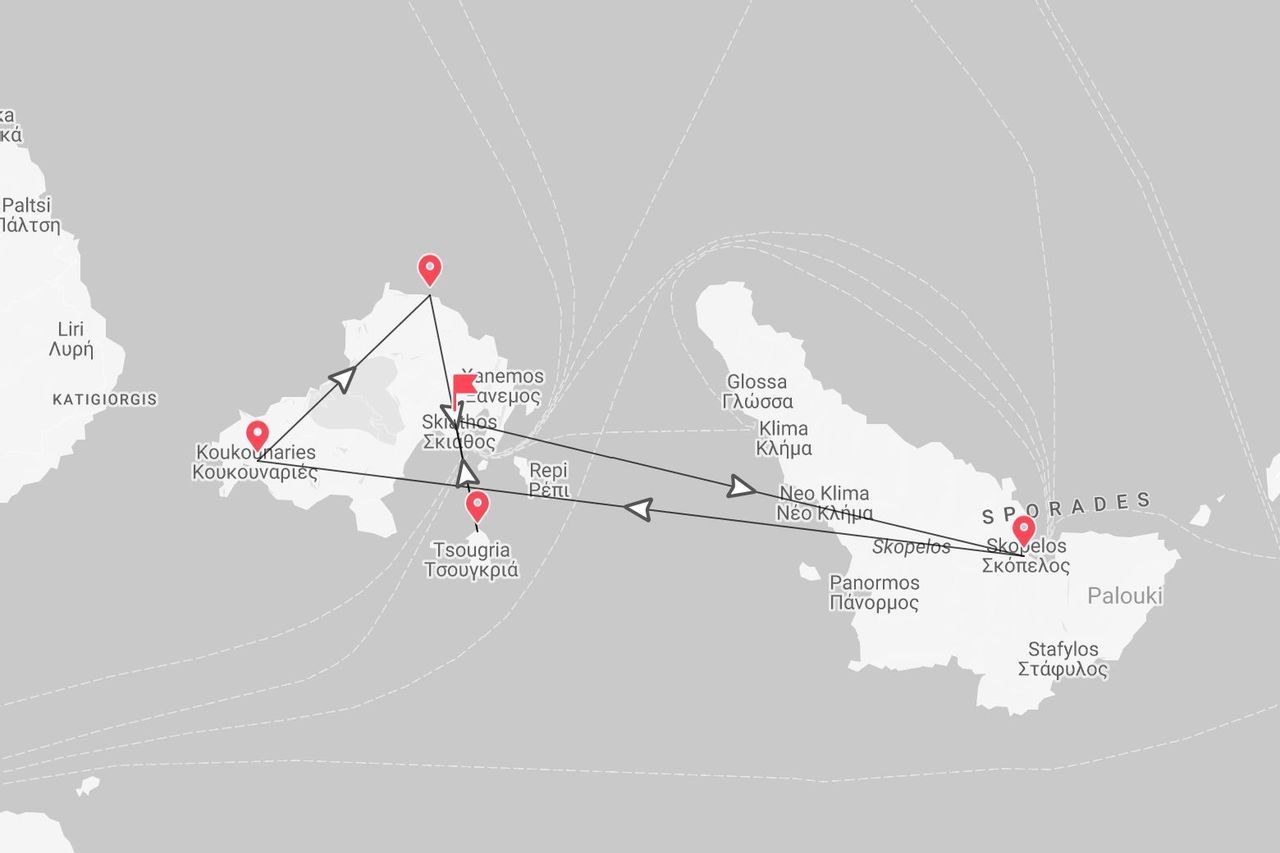 Una mappa che mostra un itinerario di viaggio intorno alle isole greche di Skiathos e Skopelos, parte dell'arcipelago delle Sporadi.