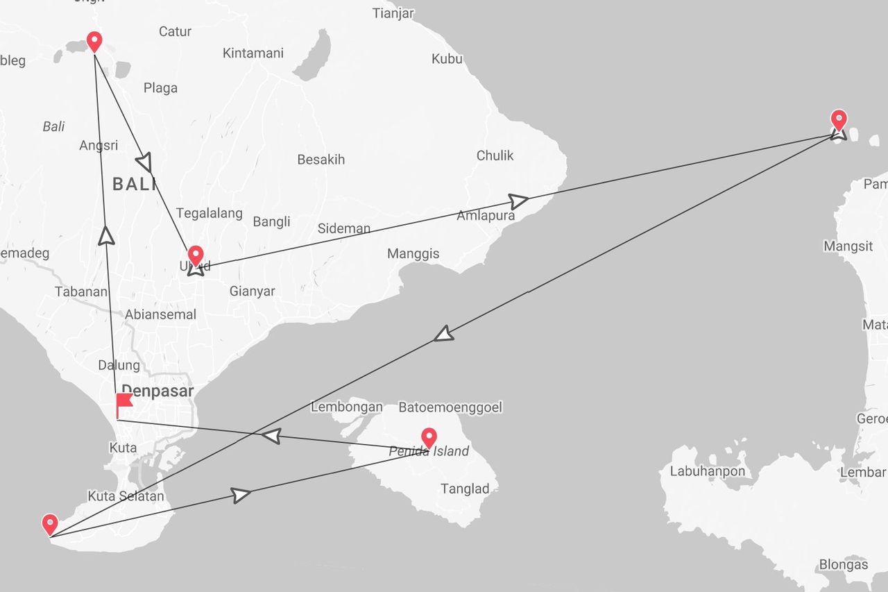 Mappa di un itinerario di viaggio a Bali, con tappe evidenziate: Denpasar, Ubud e Isola di Penida.