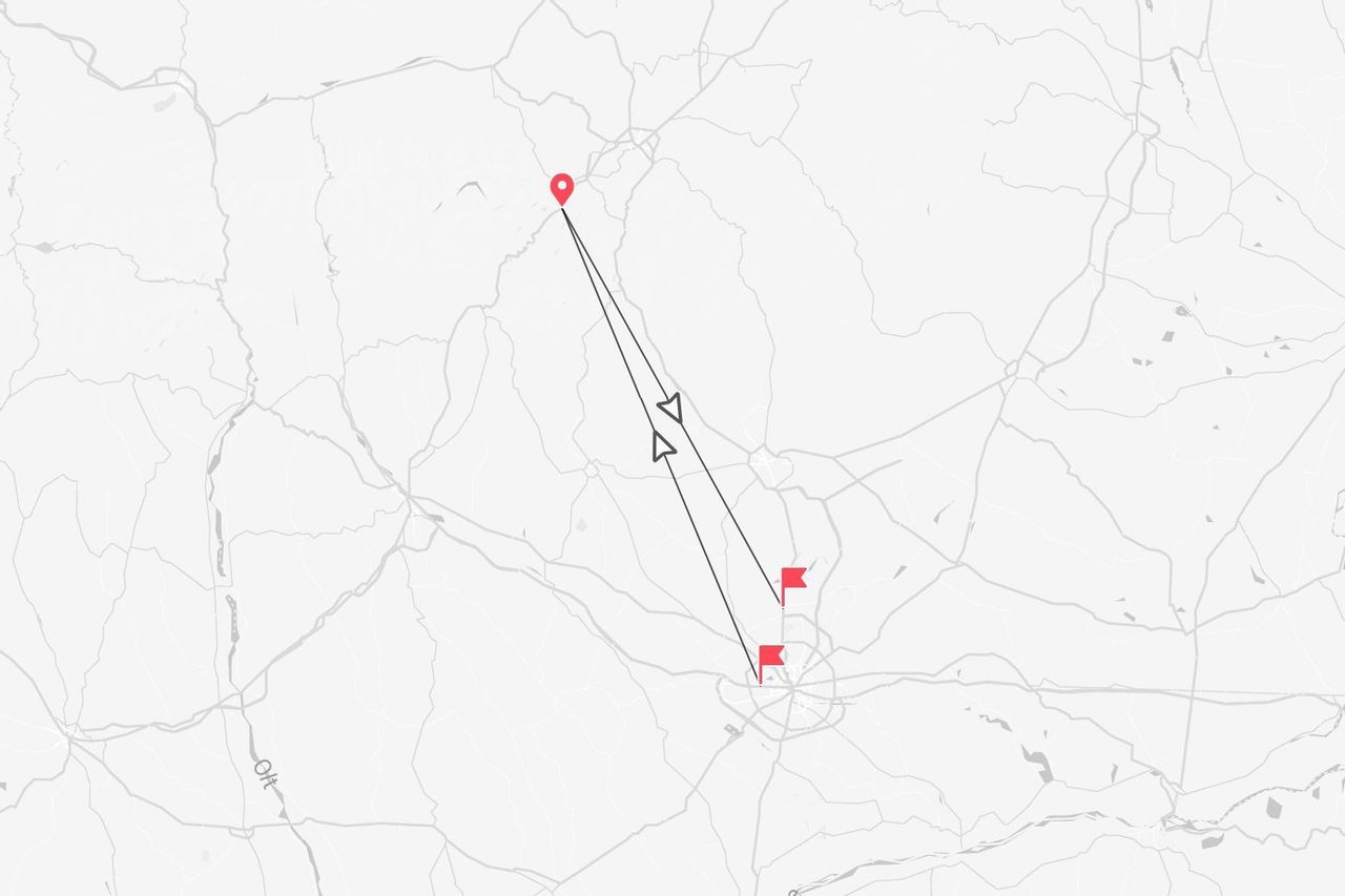 Una mappa stilizzata che raffigura un itinerario di viaggio tra un segnaposto e due bandiere, con il fiume Olt visibile.