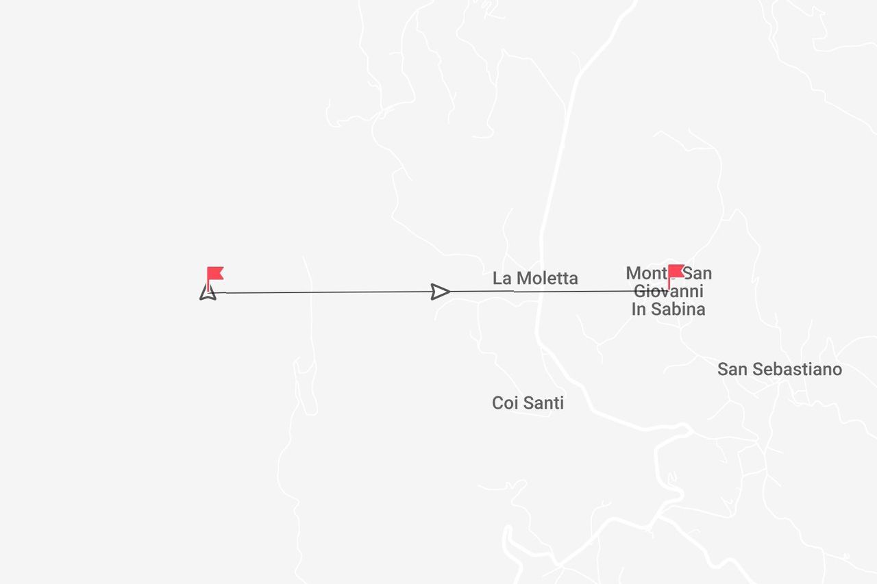 Una mappa minimalista che mostra un percorso con un segnaposto di destinazione a Monte San Giovanni in Sabina, vicino a La Moletta.