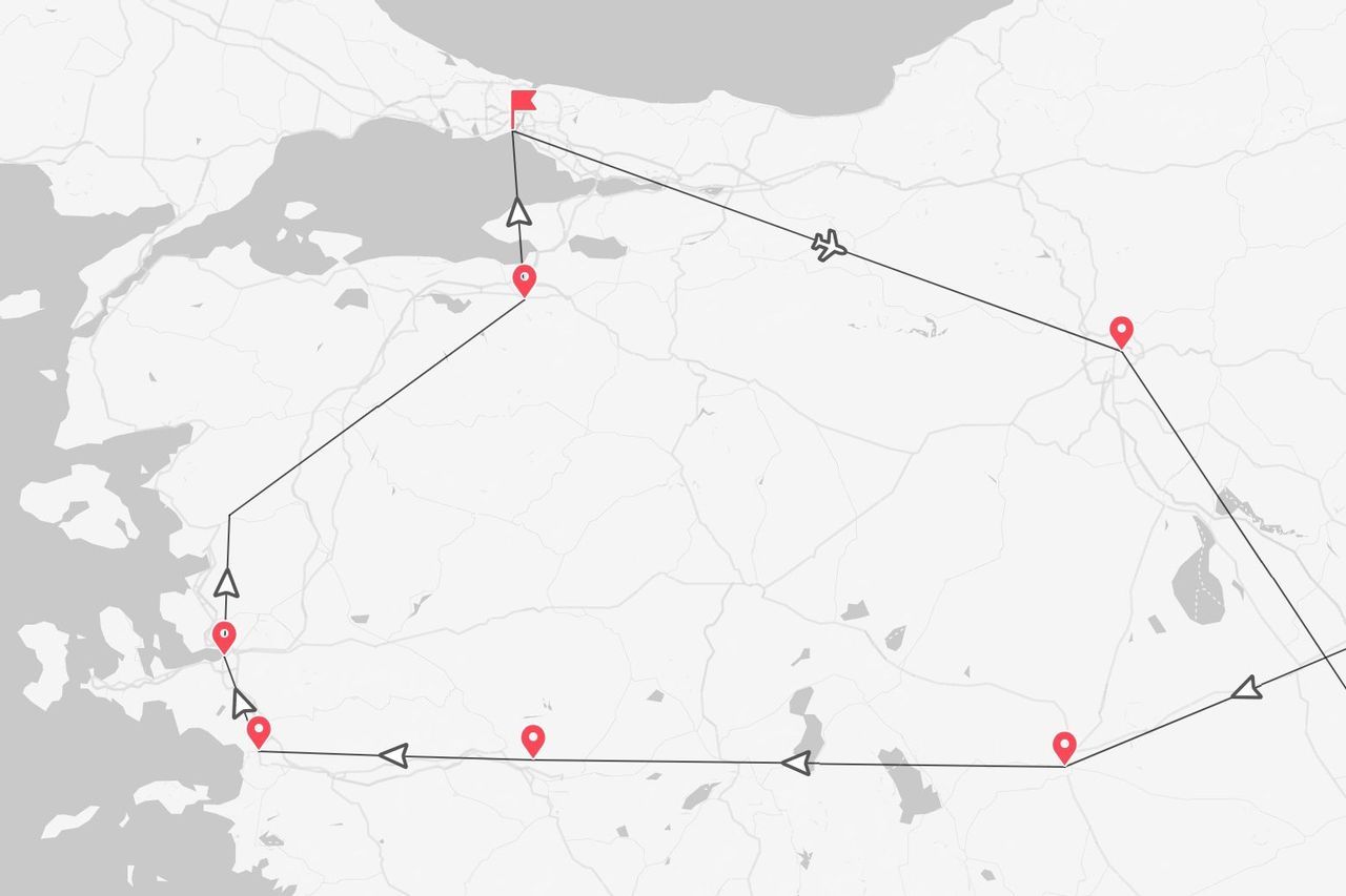 Un mapa estilizado que muestra un itinerario de viaje marcado con alfileres rojos, flechas direccionales y un icono de avión.