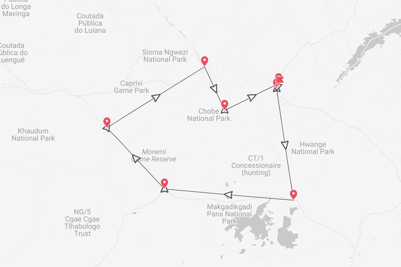 Una mappa di un itinerario di viaggio in Africa meridionale, che attraversa il Parco Nazionale Chobe, la Riserva di Caccia Moremi e il Parco Nazionale Hwange.