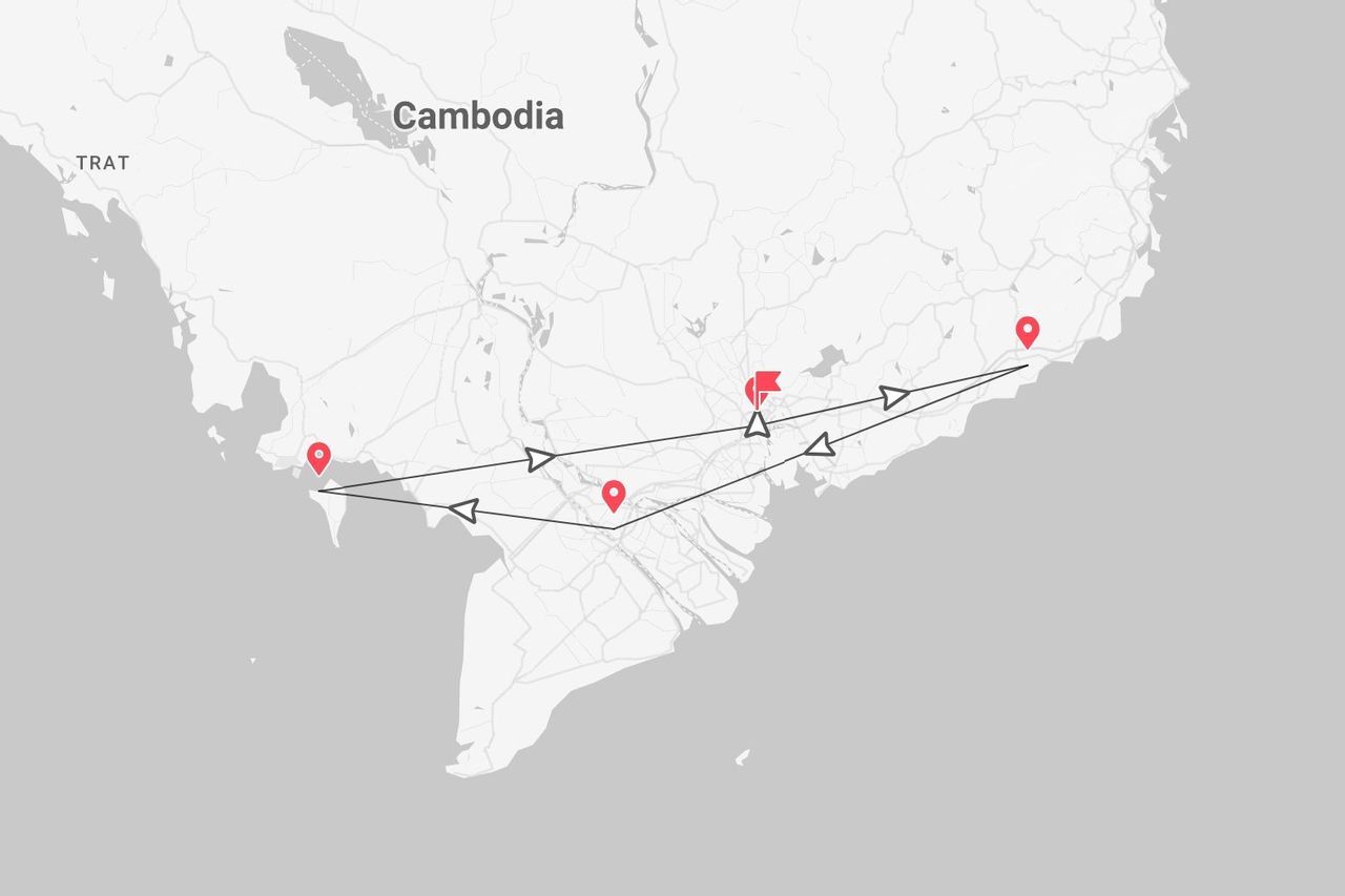 Una mappa di un itinerario di viaggio attraverso la Cambogia, illustrata con segnaposto rossi e linee direzionali che indicano il percorso.