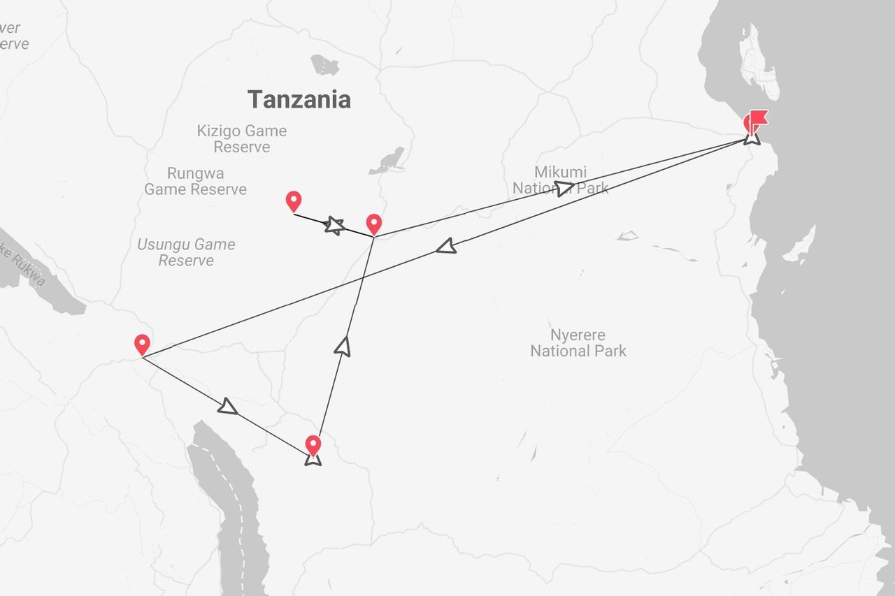 Una mappa che illustra un itinerario di tour in Tanzania, collegando diversi parchi nazionali e riserve faunistiche.