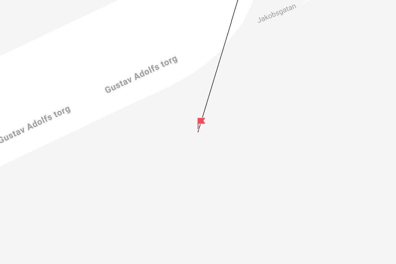A digital map showing a red pin marking a location at the intersection of Gustav Adolfs torg and Jakobsgatan.