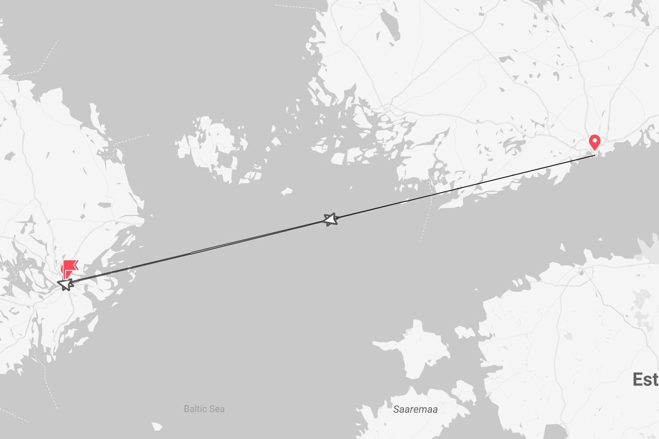 Una mappa stilizzata che mostra un percorso di viaggio attraverso il Mar Baltico, passando vicino alle isole di Saaremaa, Estonia.
