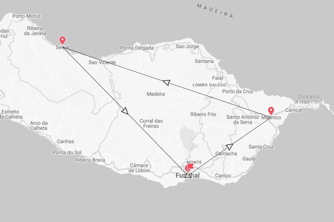 Mappa dell'isola di Madeira con itinerario di viaggio tra Funchal, Machico e Seixal, indicato da puntine rosse.