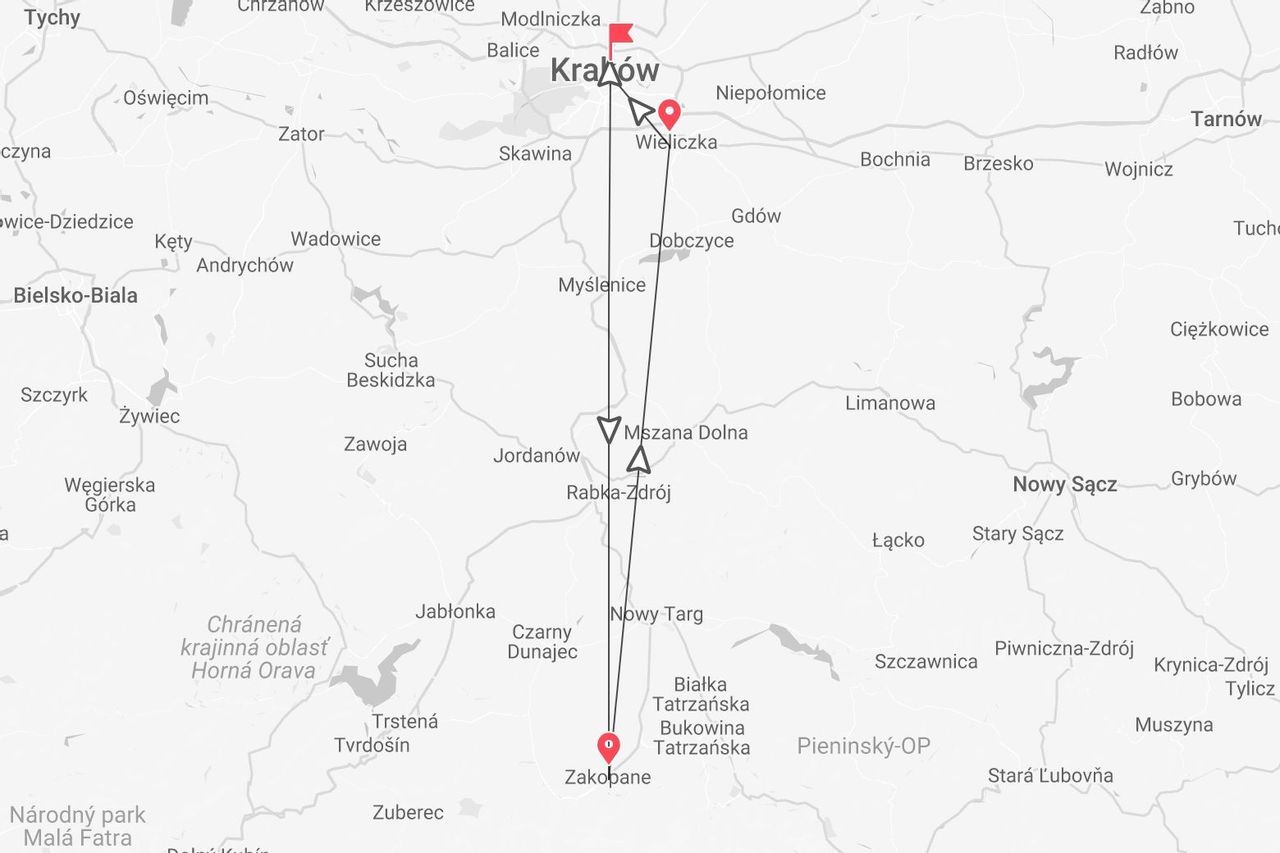 Reiseroute Polen: Von Krakau nach Zakopane inklusive Zwischenstopps.