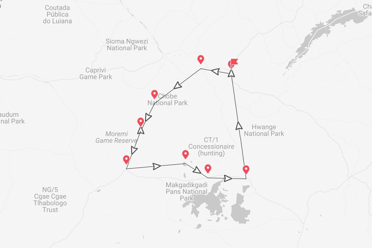 Una mappa che delinea un itinerario di viaggio attraverso il Parco Nazionale Chobe, la Moremi Game Reserve e il Parco Nazionale Makgadikgadi Pans.