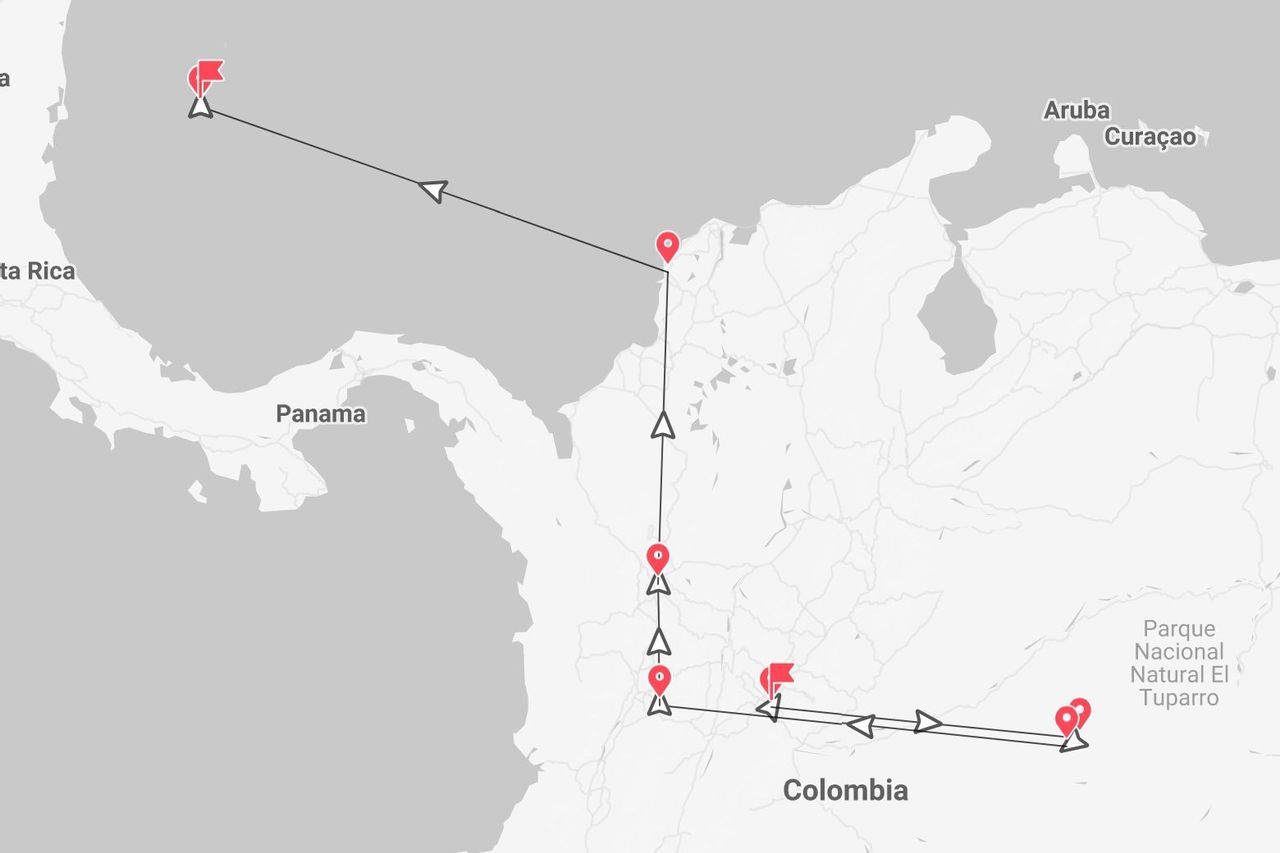 Una mappa che mostra un itinerario di viaggio attraverso la Colombia, con punti vicino a Panama, Costa Rica e il Parco Nazionale Naturale El Tuparro.