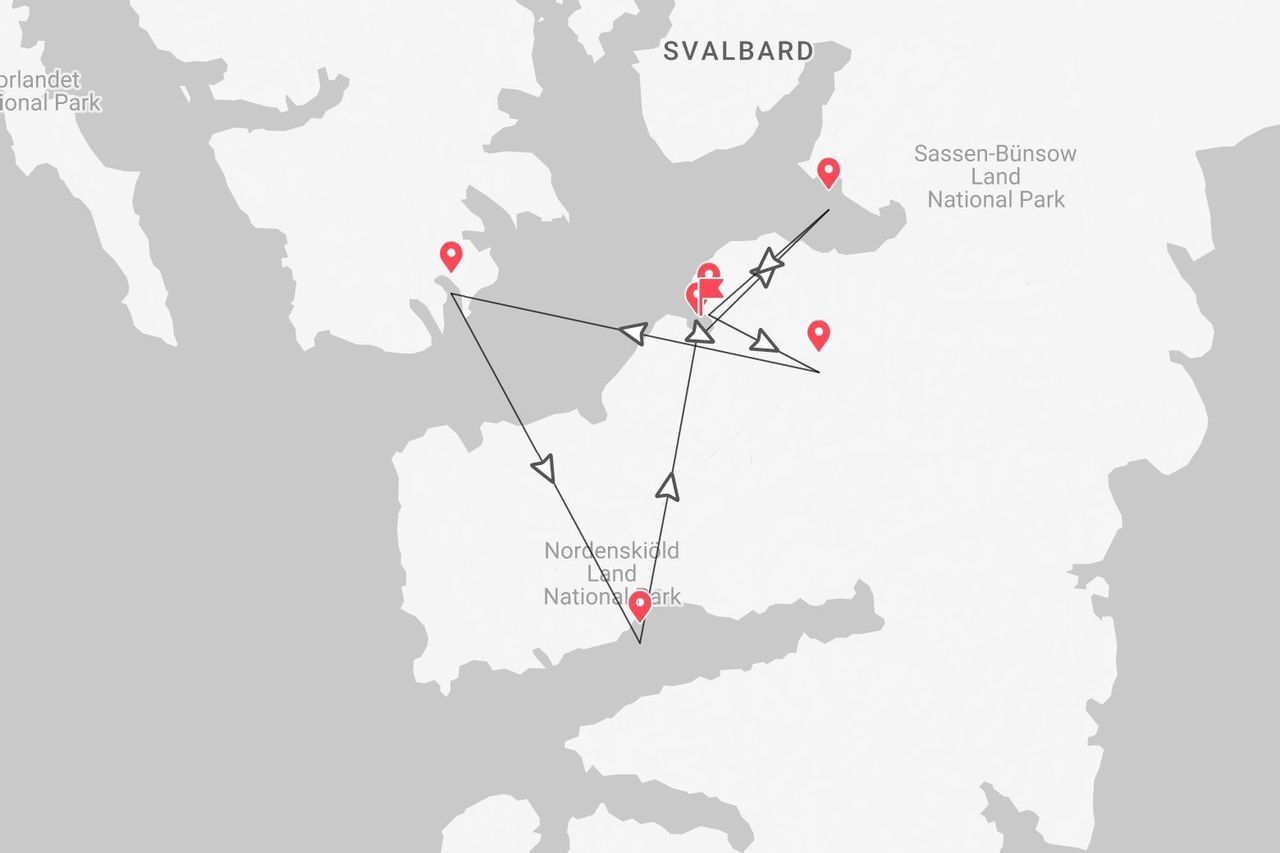 Mappa delle Svalbard con itinerario di viaggio attraverso i parchi nazionali, inclusi Sassen-Bünsow Land e Nordenskiöld Land.