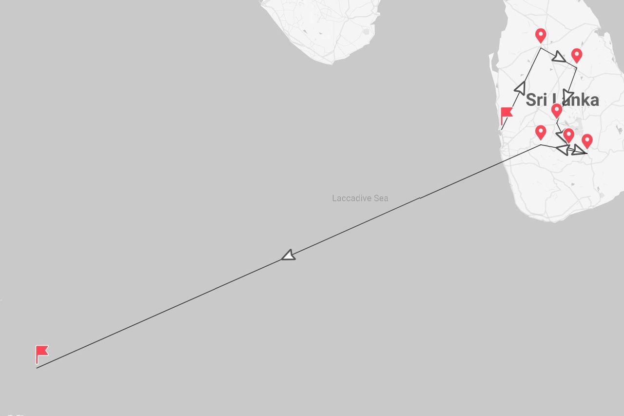 A digital map showing a travel itinerary route across the island of Sri Lanka, originating from the Laccadive Sea.