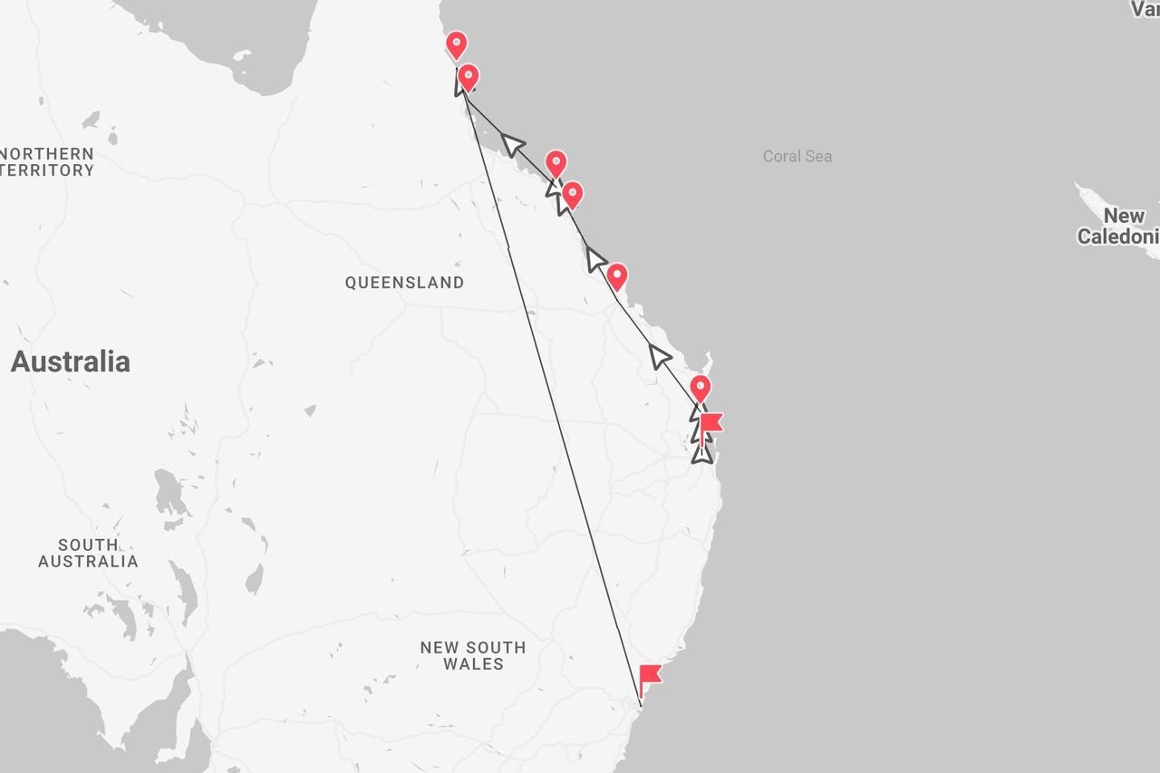 A map showing a travel itinerary along the eastern coast of Australia, primarily through Queensland and New South Wales.