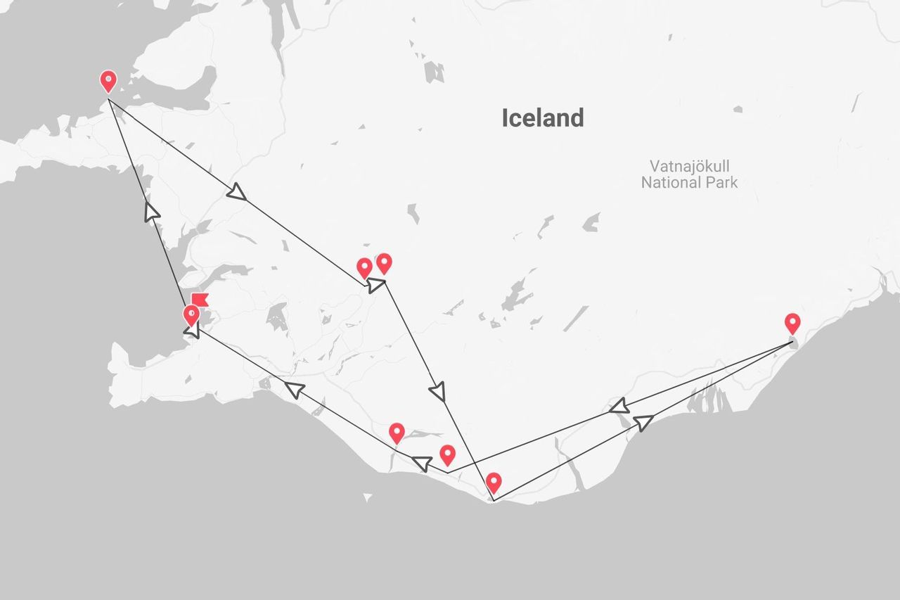 Eine Karte von Island, die eine Reiseroute mit roten Stecknadeln und Verbindungslinien durch das Land zeigt.