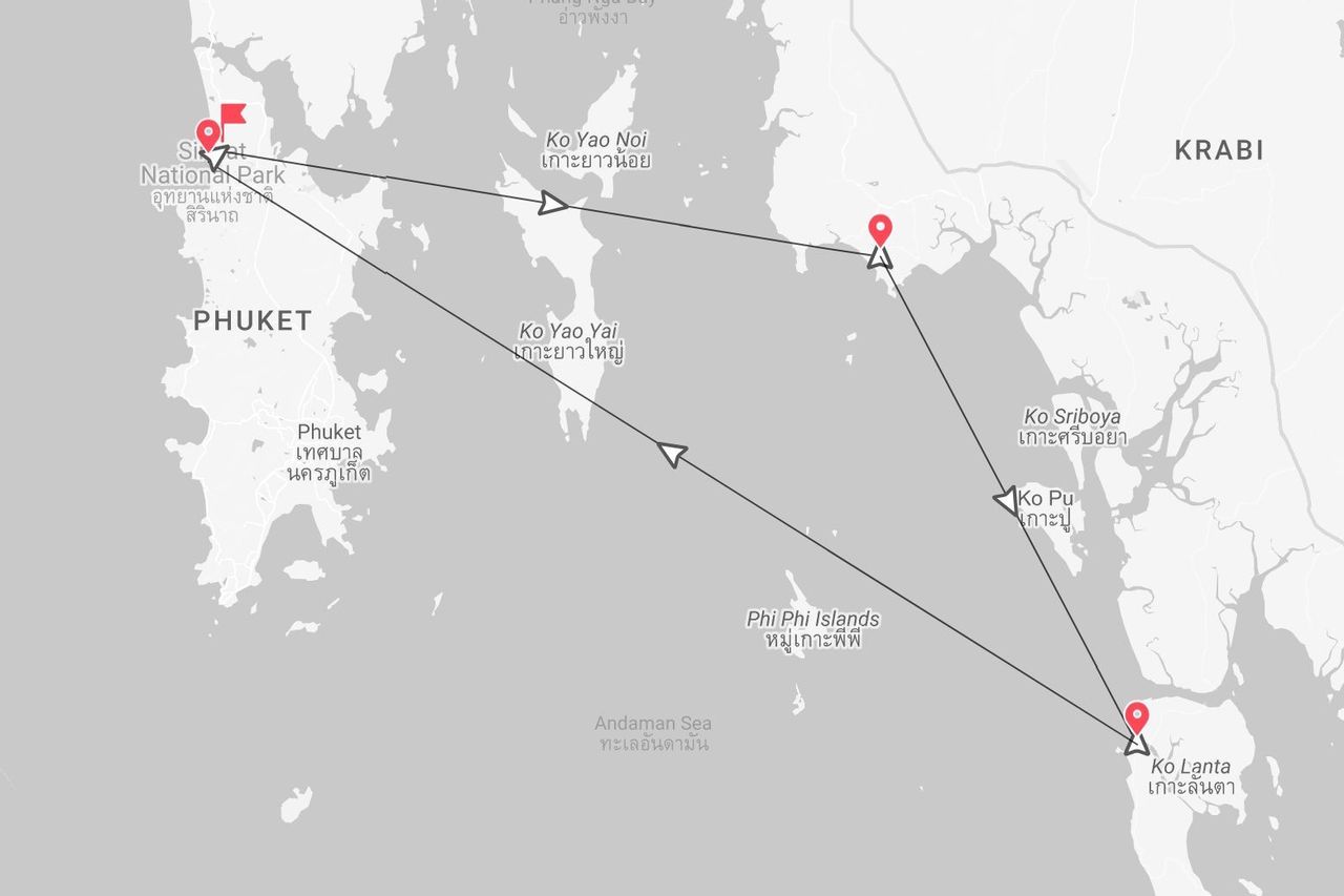 Eine Karte einer Reiseroute in Thailand, die Phuket, Ko Yao Yai, Krabi und Ko Lanta in der Andamanensee verbindet.