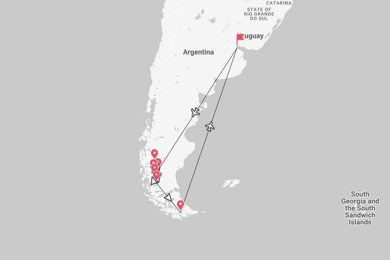 Reisekarte: Uruguay nach Patagonien, Argentinien – inklusive Zwischenstopps und Flugrouten.