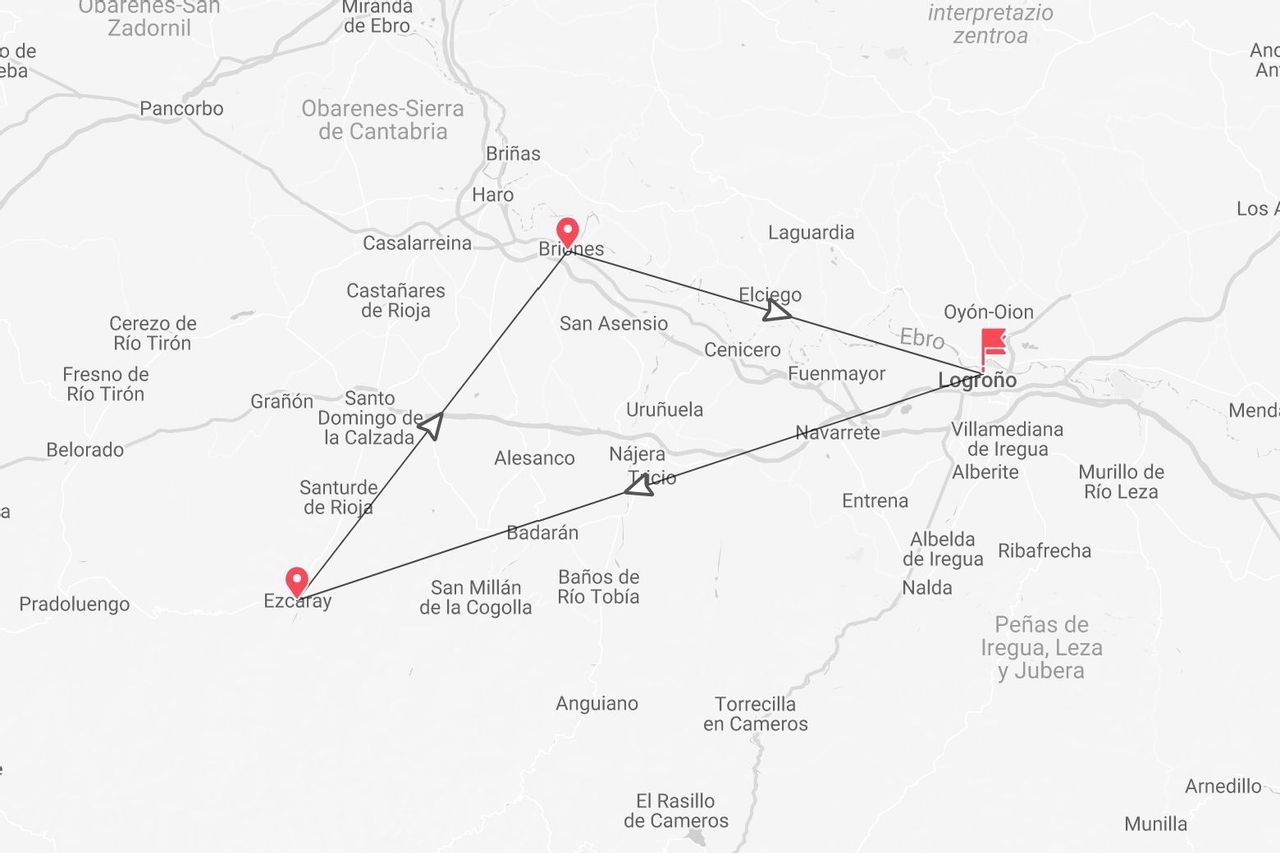Une carte illustrant un itinéraire à travers La Rioja, Espagne, reliant des points clés comme Logroño, Briones et Ezcaray.