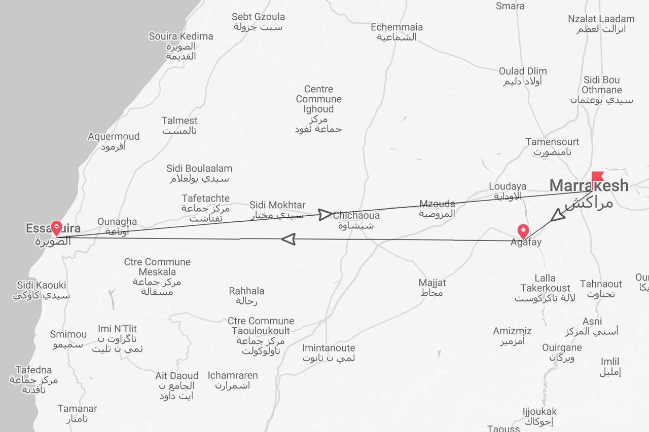 Carte d'un itinéraire au Maroc, d'Essaouira à Marrakech, avec un point de destination marqué à Agafay.