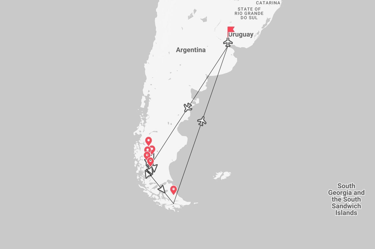Une carte montrant un itinéraire de voyage à travers l'Argentine et l'Uruguay, avec des trajets de vol et plusieurs épingles de localisation rouges dans le sud.