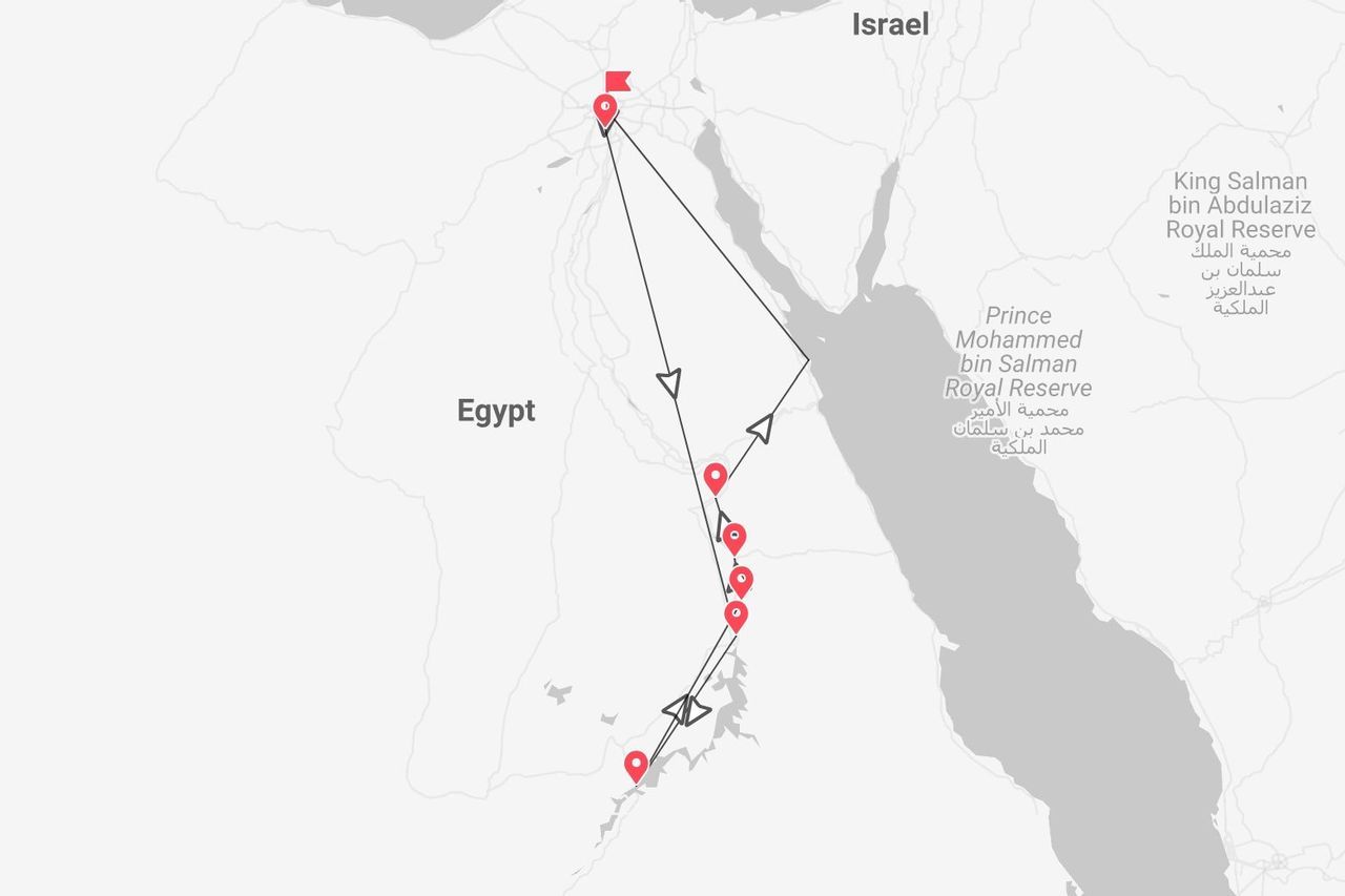 Eine Karte, die eine Reiseroute durch Ägypten zeigt, mit einer durch eine Linie und Stecknadeln markierten Route, beginnend nahe Israel und nach Süden verlaufend.
